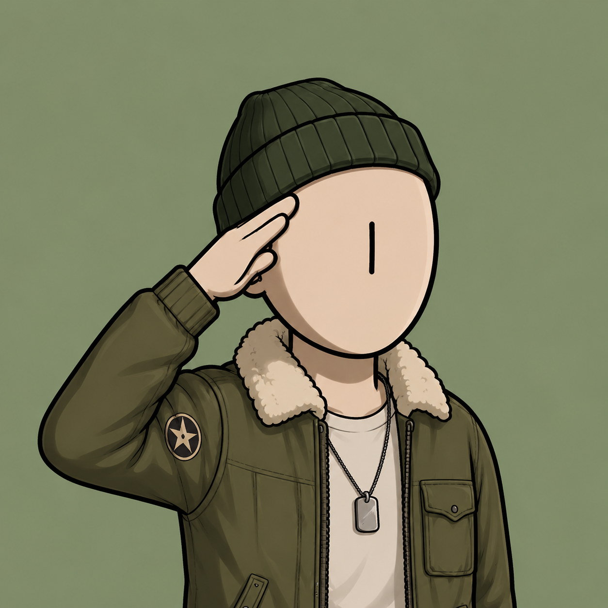 Still Here NFT wearing a green beanie and field jacket